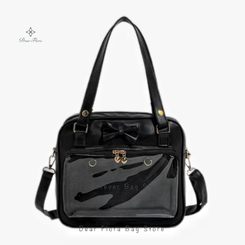 Y2K Cute Bow Ita Bag Girl Transparent Messenger Bag Women Fashion Shoulder Crossbody Bag Ladys DIY Badge Tote Bag Lolita Handbag