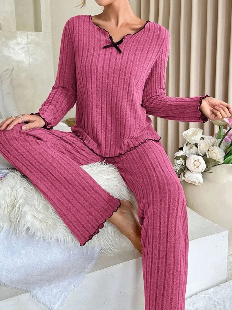 Women Autumn Winter Sleepwear Ribbed Pajamas Set Long Sleeve Top and Long Pants 2 Piece Set Casual Homewear Loungewear.
