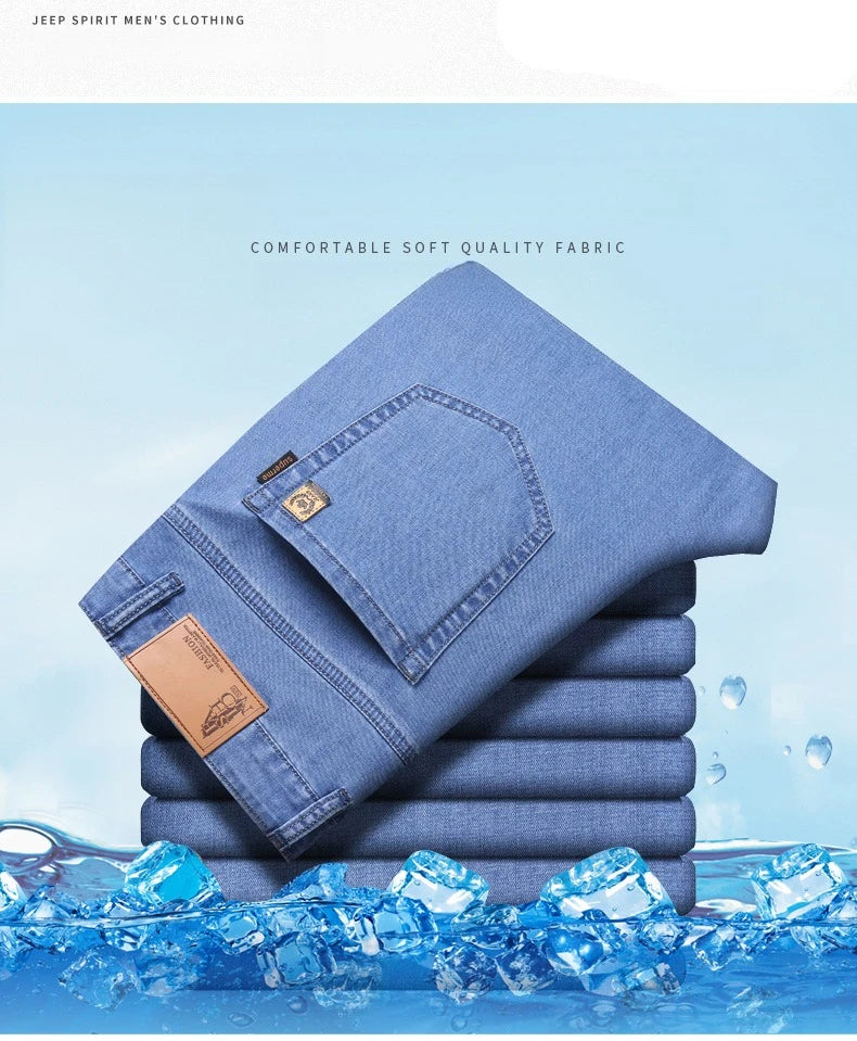 Men's Ice Silk Jeans Summer New Lyocell Thin Business Casual Denim Pants Classic All Match Slim Fit Straight Elastic Jean Male.