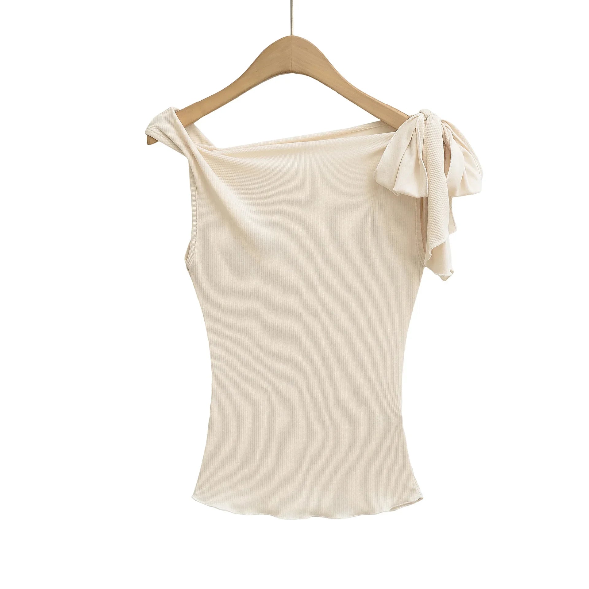 Shoulder Bared Short Sleeve T Shirt Women's Spicy Girl Design Slimming Top Summer New Style One Word Oblique Shoulder Tie Waist.