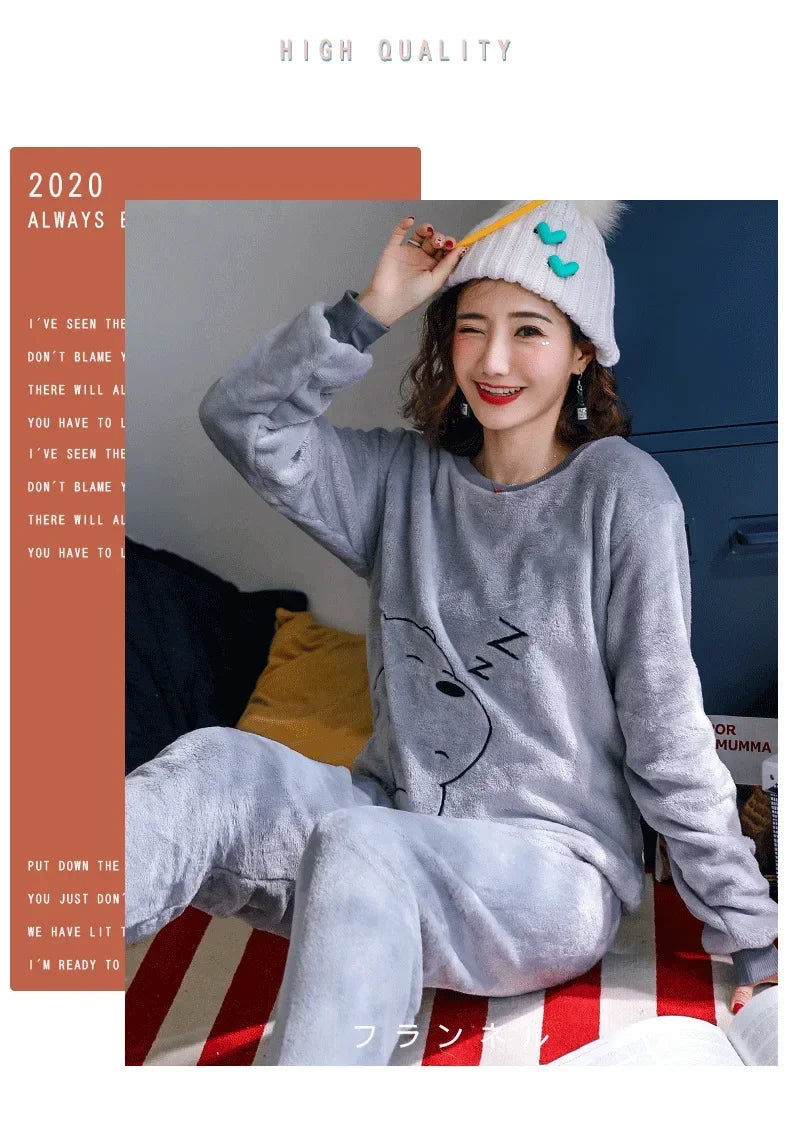 Thickened Warm Sleepwear for Winter Flannel O-Neck Girl Loungewear 2PCS Set Ladies Pajamas Long Sleeves Cartoon Bear Loungewear.