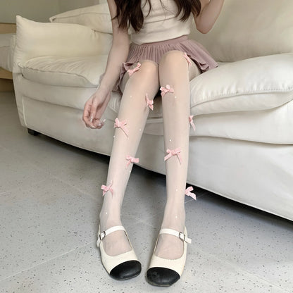 Sweet Japanese JK Bow Pearl White Stockings Sexy Women Lolita Ultra-thin Anti Hook Silk Pantyhose Compression Socks.