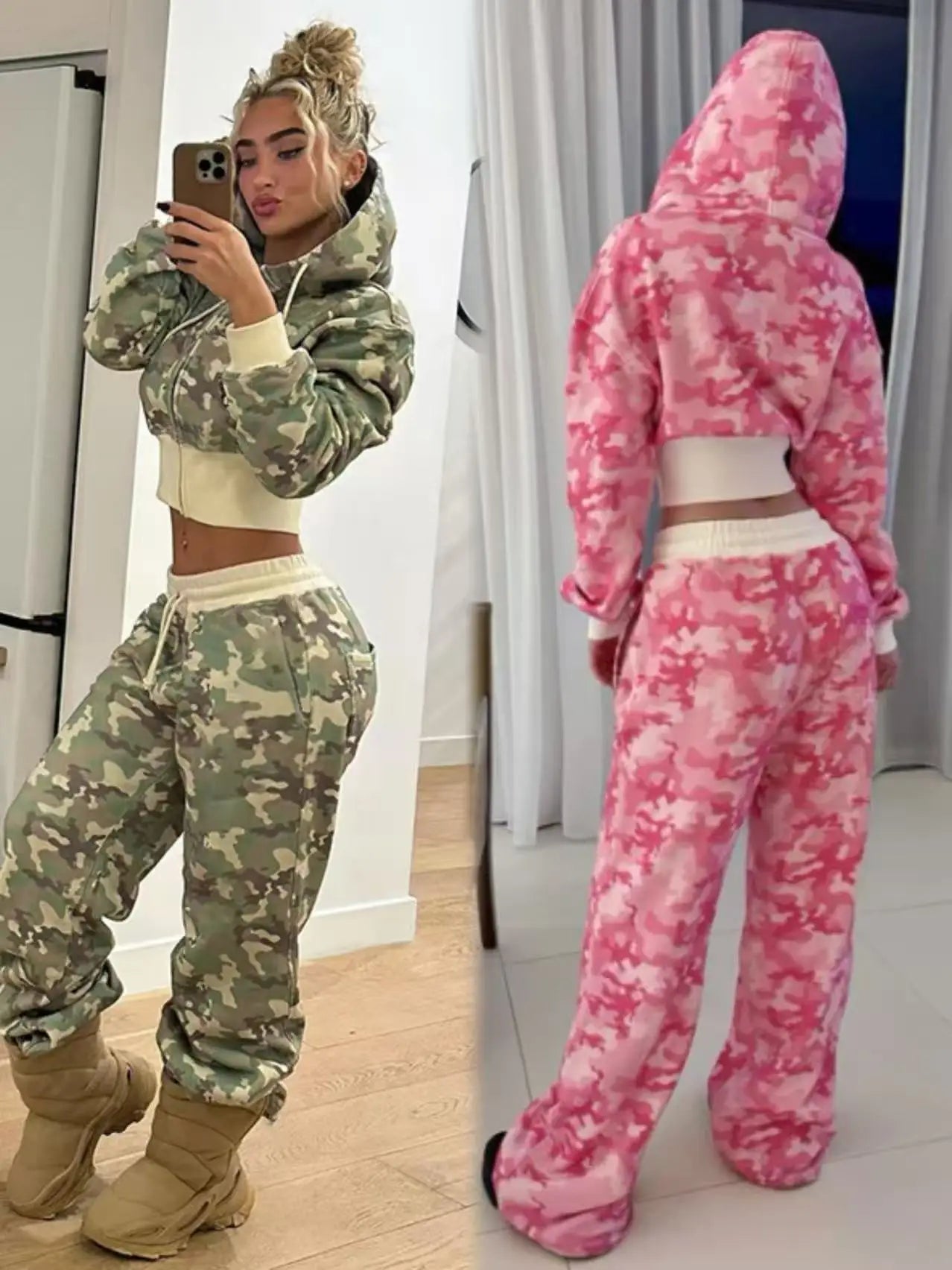 Women 2 Piece Sets Hooded Coat Straight Pants Camouflage Outfits Drawstring Zipper Jacket Tracksuit 2025 Streetwear Ensemble.