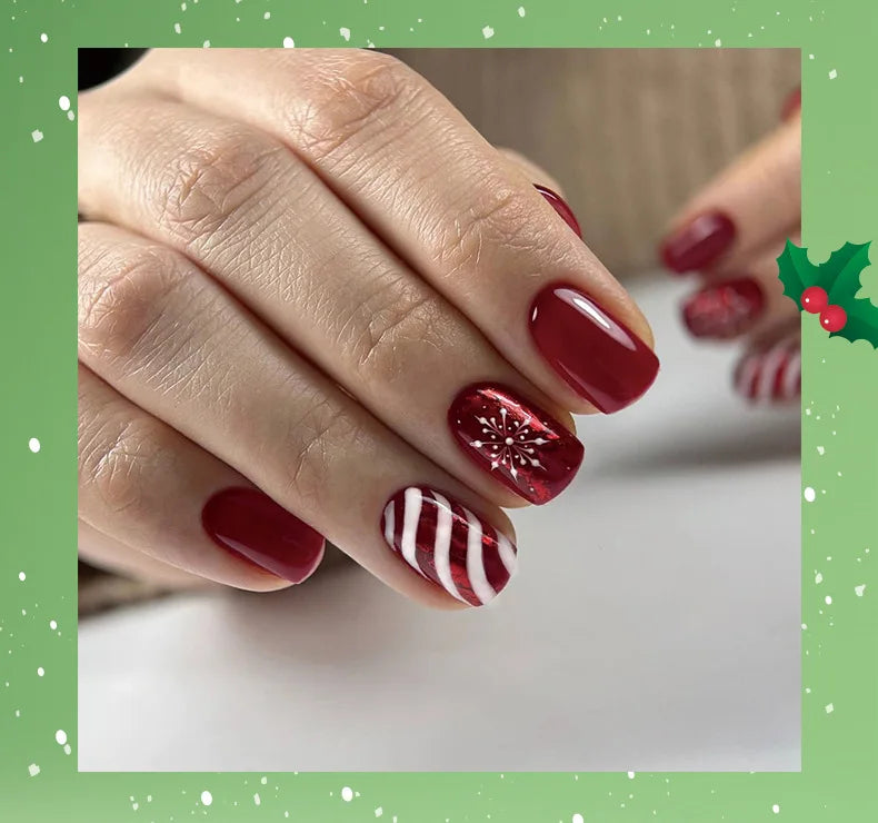 Red Blue Black White Snowflake Deer Press on Nails Glitter Powder Winter Christmas Hat False Nail Charms Fake Nail Art Manicure.