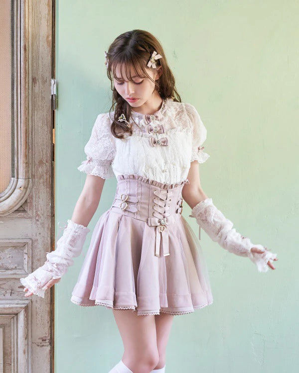 Japanese Liz New Summer Lace Edge Leather Ring High Waist Pleated Skirt Ribbon Bow All-match Short Skirts Big Bow Lolita Blouses.