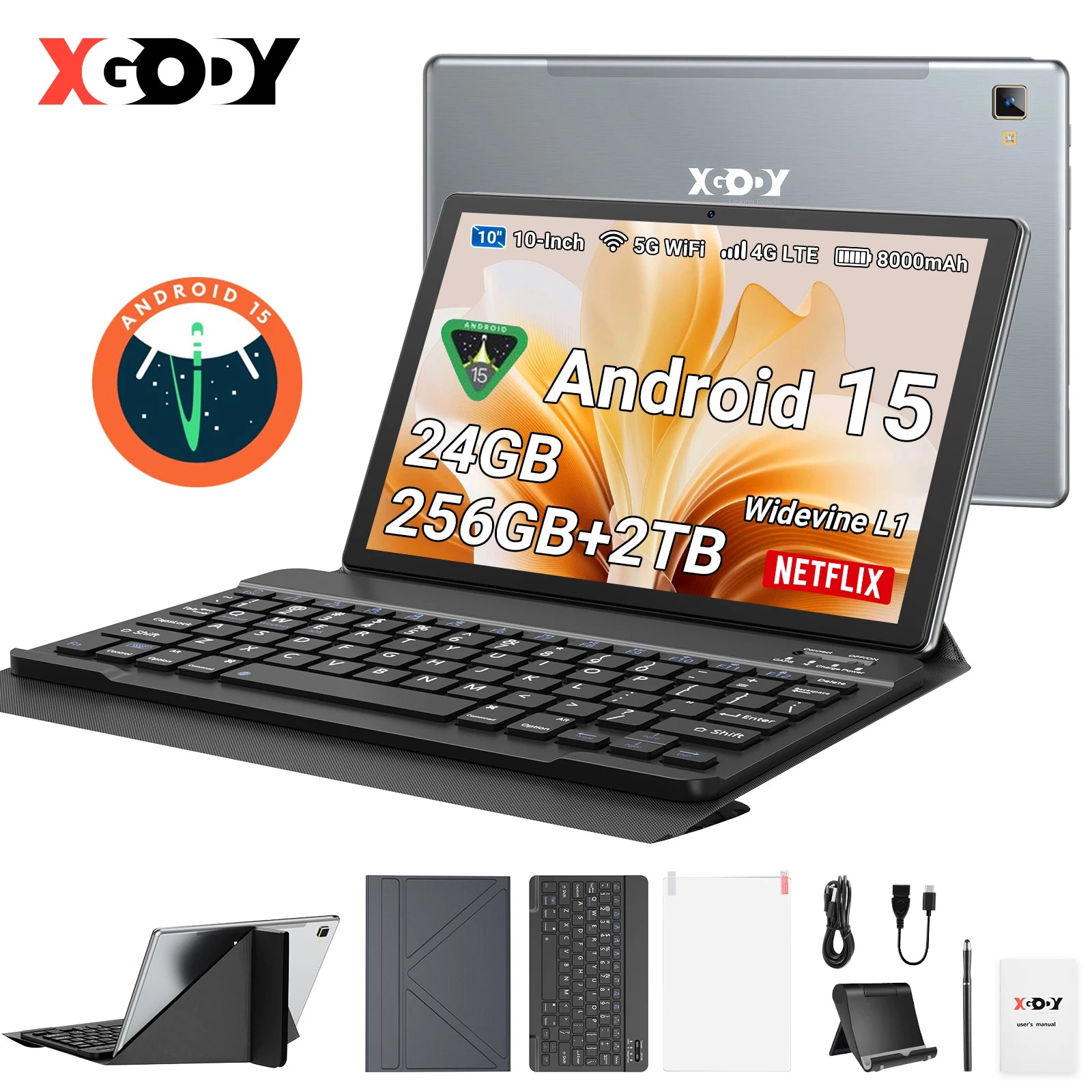 XGODY P60 Pro Android 15  256GB Tablet PC 10 Zoll ultra-klares 90Hz Display 24GB(8+16) 256GB 8000mAh Akku Tablet.