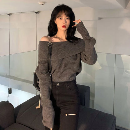 Lucyever Slash Neck Strick pullover Frauen sexy schulter freie Langarm pullover weibliche koreanische elegante verdicken schlanke Pullover Top