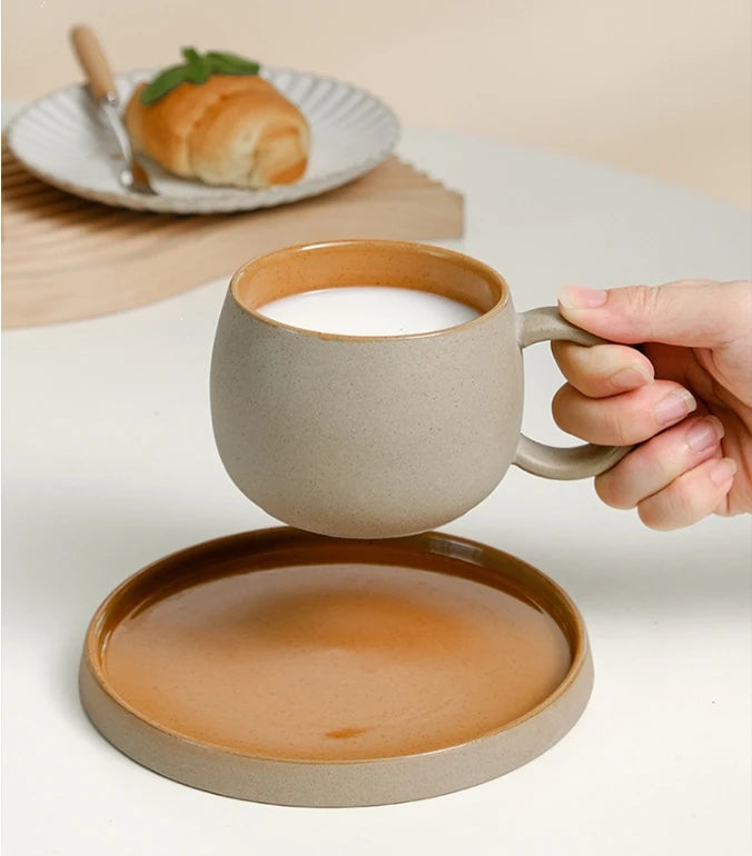 Retro Coarse Pottery Mug and Saucer Combination Japanese Coffee Cup Set Nordic Afternoon Tea Breakfast Cup Latte Coffee Mug.