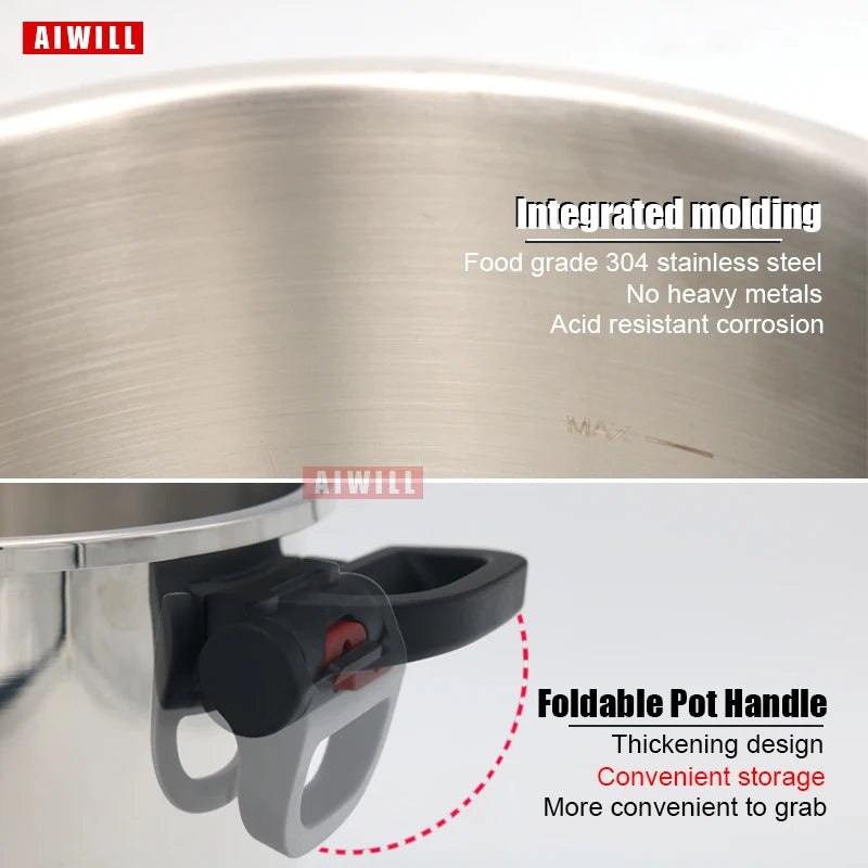 AIWILL 2L/6L/8L 3Gear Pressure Cooker 304 Stainless Steel Multifunctional Pressure-Limited Explosion-proof Quickly Cooking.