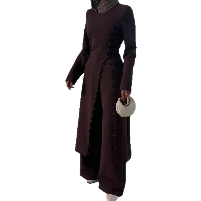 Two Piece Set Women Long Robe Top Wide Leg Pants Suit Ramadan Morocco Dubai Islam Casual Ensemble Femme Muslim Arabic Outfits.