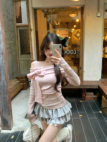 Morning Collar French Style One Shoulder Butterfly Knot Long Sleeve T-Shirt Women's Autumn Winter Slim Fit Inner Wear Top.