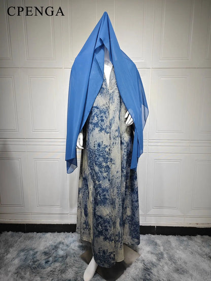 2025 sommer Arabisch Frauen Muslimische Kleidung Ramadan Dubai Offene Abaya Kleid mit Hijab Islam Gedruckt Chiffon 2 Stück Outfit.