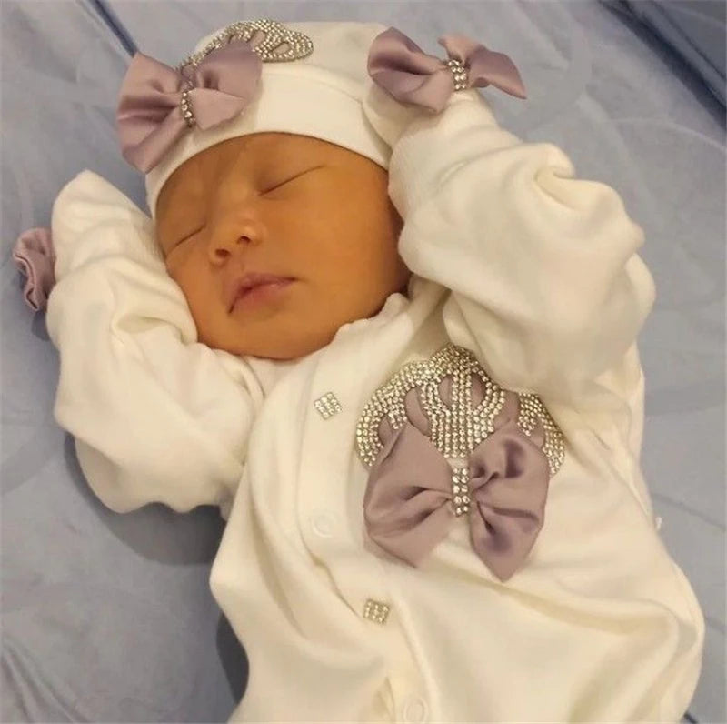 Dollbling Newborn Set Baby's Sets Rhinestone Crown 0-3 Months Hat+Bodysuits+Gloves+Shoes 4 Parts Boy Girl Jumpsuit Clothing.
