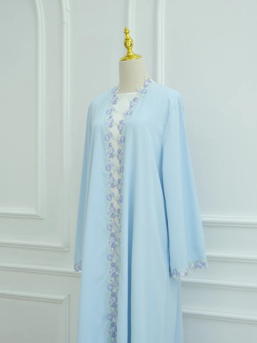 Muslim Women Dubai Abaya Bow Embroidery Blue Cardigan Long Dress Kaftan Ramadan Robe Femme African dresses Islam Clothing Kebaya.