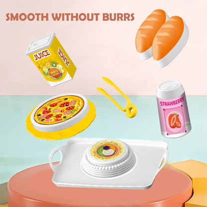 Mini Play Food Toys Kitchen Playset Accessories, Pretend Play Pizza Cake Milk Bread Pans Fork for 3+ Boys and Girls.