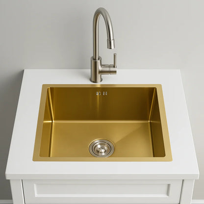 Unterbau-Küchenspüle aus Edelstahl mit abgerundeter Einzelschüssel, goldenes großes Spülbecken mit Abflussmontage