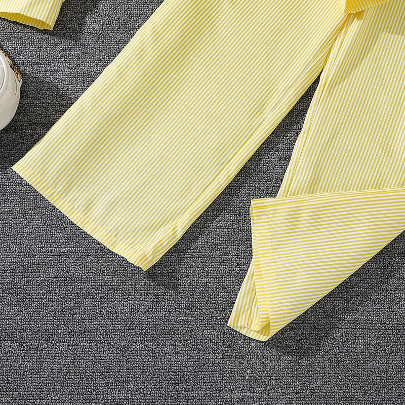 Spring Hot Sale Kids Outfit 4-12 Years Girls Striped Long Sleeve Chemise + Casual Loose Straight Leg Pants Shirt Suit 2Pcs Set.