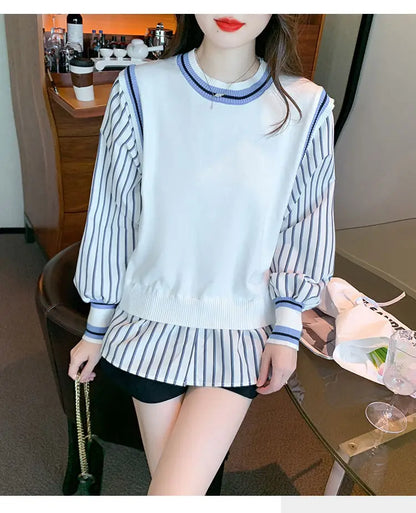 Autumn Preppy Style Patchwork O-neck Fake Two Pieces Top Tee Female Casual Striped Long Sleeve Sweatshirts Women Clothes Tshirt