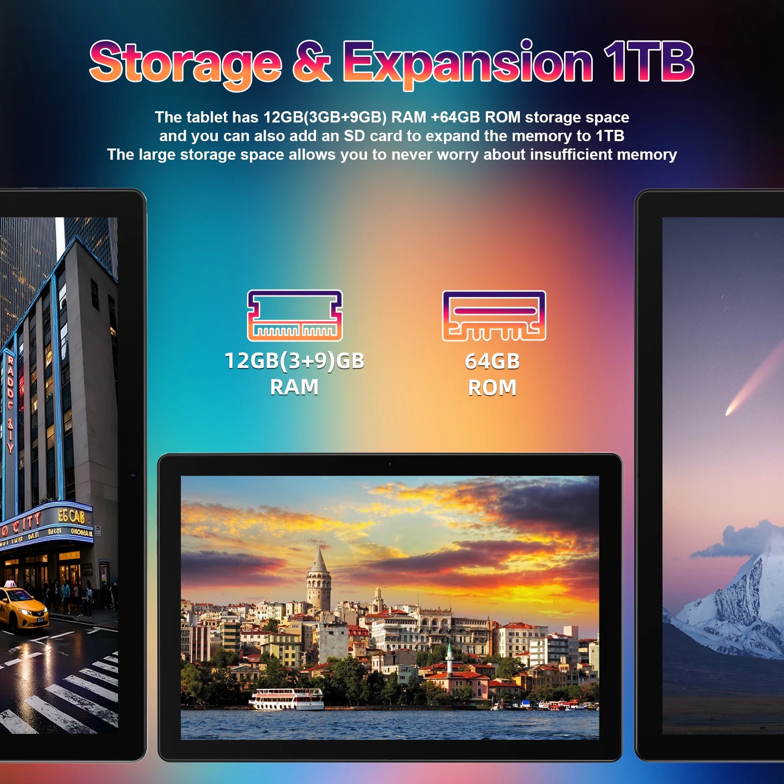 New BAKEN 10-inch Android 15 tablet with 64GB storage, keyboard, leather case, stylus, mouse, Wi-Fi, GPS, Bluetooth.