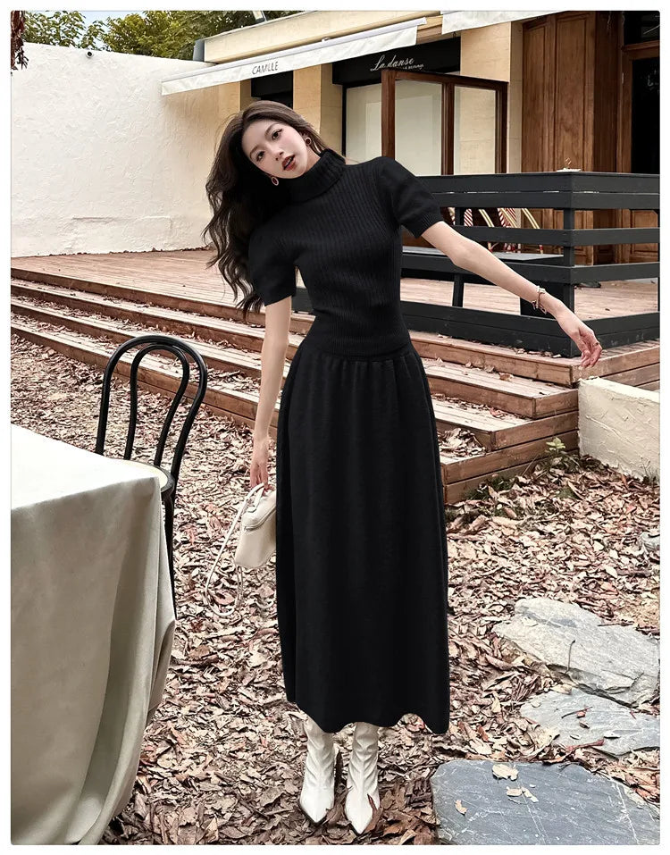 VigoAnne Spring Autumn 2025 Turtleneck Knit Woman 2 Piece Set Casual Solid High Waist Skirts Suits Korean Lady Long Dress Suit