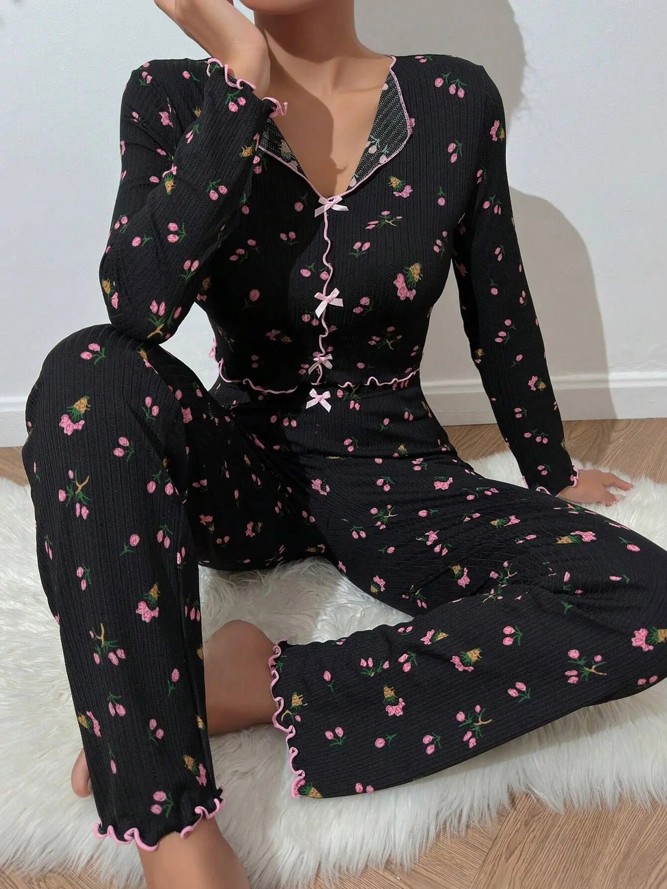 Y2K Nette Floral Gerippte Pyjama Set Frauen Langarm V-ausschnitt Zwei Stück Nachtwäsche Homewear Herbst Winter Bogen Salat Trim Neue Heiße.