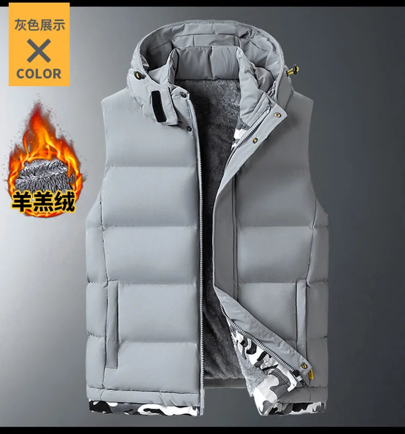 M-10XL Oversize Vests New Lambskin Vest Men's Autumn and Winter Warm and Detachable Hooded Youth Vests Windproof Waistcoats.