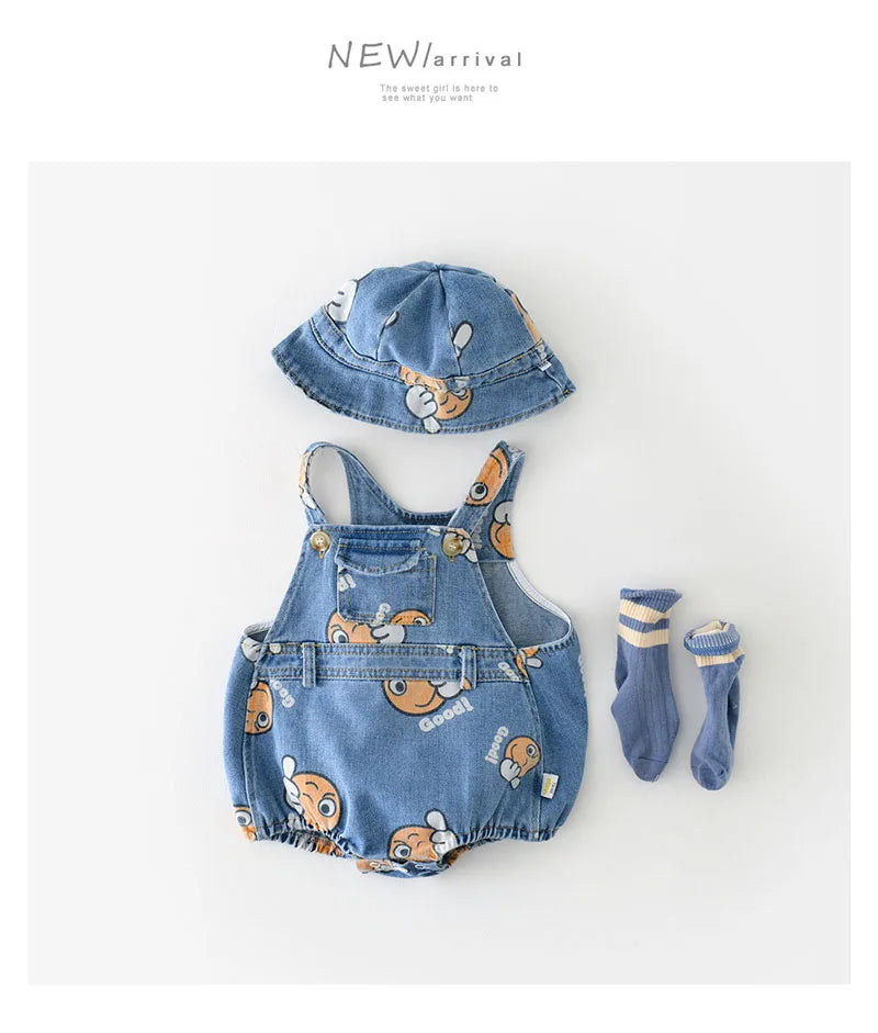 2 Stück Sommer Kinder Baby Denim Bodysuit und Mützen Anzüge einteilige Unisex Kleinkind Jungen Mädchen weiche Jeans Kleidung Jeans Sprung anzüge.