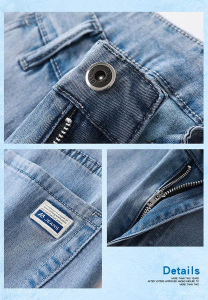 Summer Thin Men's Jeans Lyocell Fabric Soft Breathable Straight Denim Pants Brand Man Elastic Ice Silk Casual Trousers Grey Blue.