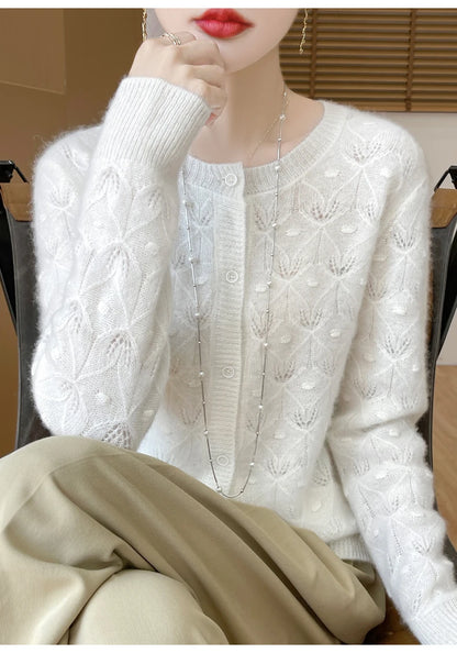 2024 Autumn And Winter New Round Neck Hollowed Out 100 Wool Knitted Cardigan Women's Versatile Coat Loose Casual Sweater DMR281