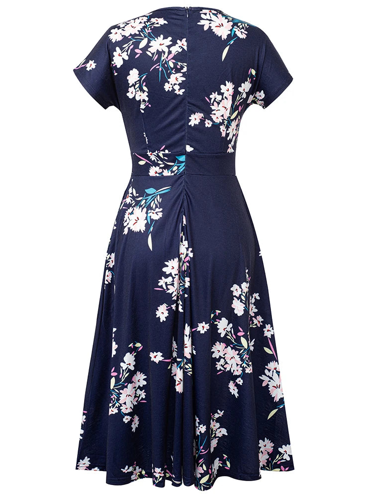 Nice-forever Vintage Elegante Blumen Druck Plissee Rundhals vestidos A-Line Pinup Business Party Frauen Flare Swing Kleid A102
