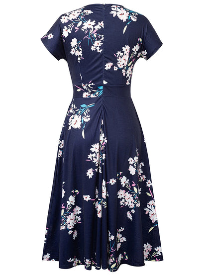 Nice-forever Vintage Elegante Blumen Druck Plissee Rundhals vestidos A-Line Pinup Business Party Frauen Flare Swing Kleid A102
