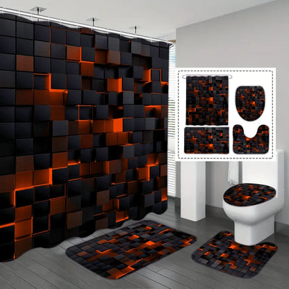 4-teiliges Set mit technologischen, blauen und schwarz karierten, bedruckten, wasserdichten Duschvorhängen mit 12 Haken, Badezimmer-Fußmatten