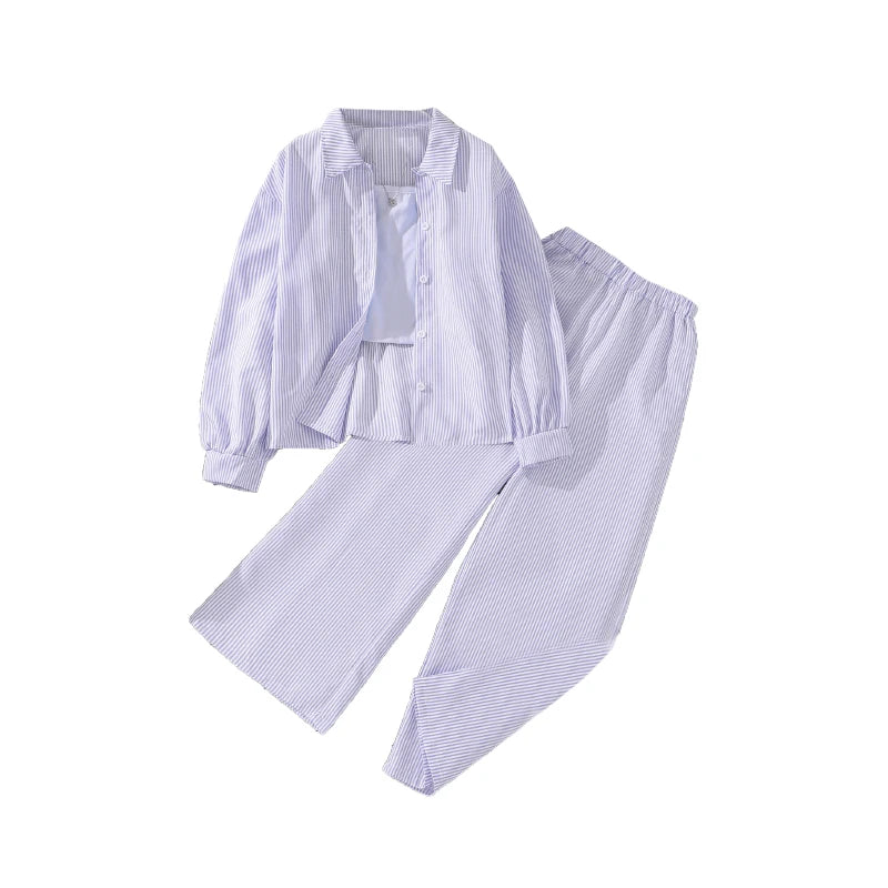 Spring Hot Sale Kids Outfit 4-12 Years Girls Striped Long Sleeve Chemise + Casual Loose Straight Leg Pants Shirt Suit 2Pcs Set