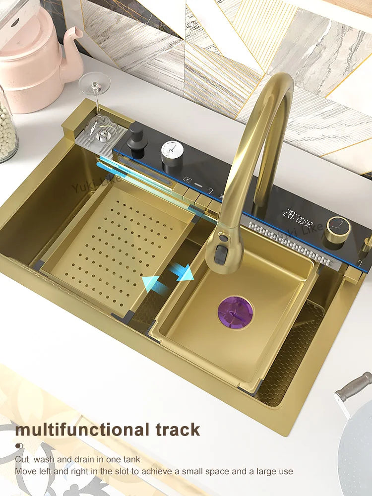 Silver Waterfalls Stainless Steel Kitchen Sink Multifunction Intelligent Digital Display Temperature Household Large Single Slot