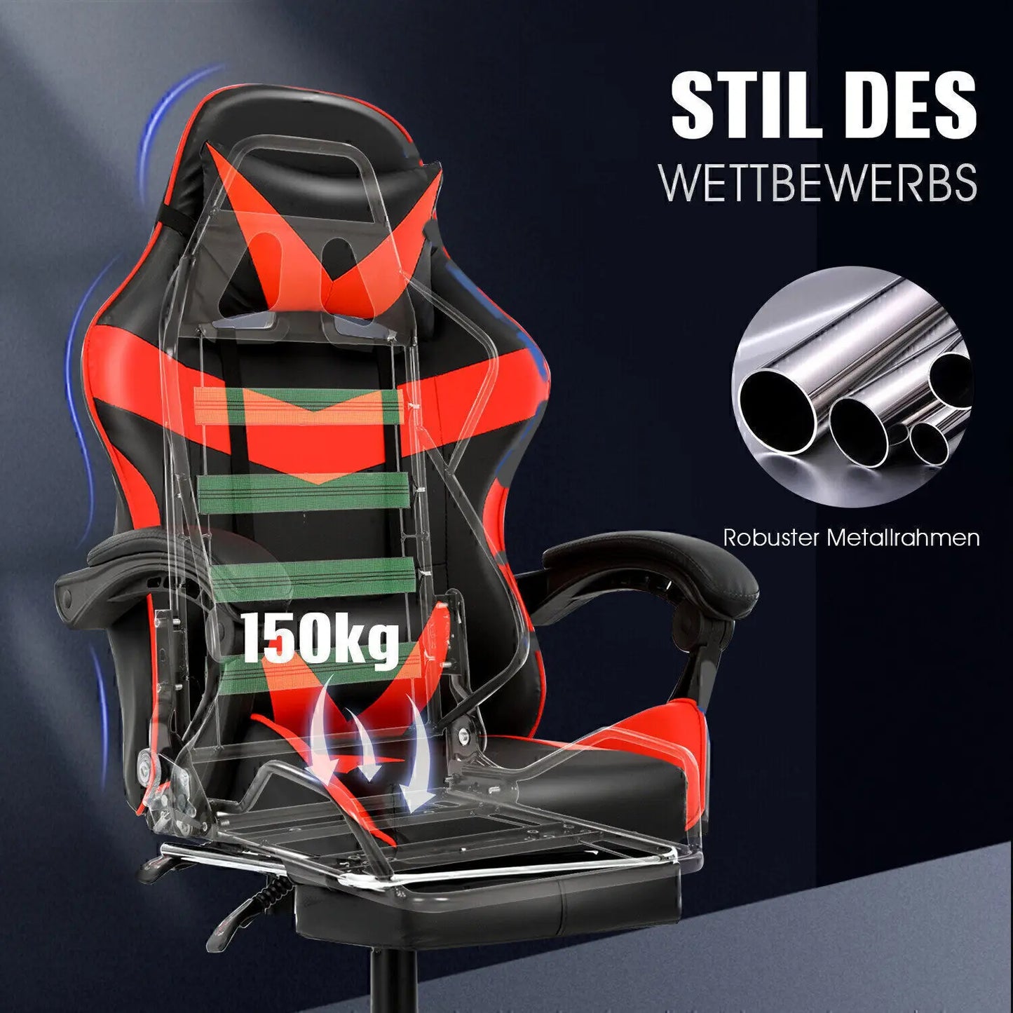 Bürostuhl Ergonomisch Gaming Stuhl Massage Gaming Sessel mit Kopfstütze Massage-Lendenkissen, Gepolstert Gaming Chair, Drehsessel,150kg Kapazität,Schwarz Rot