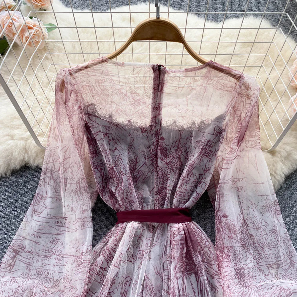 Elegante Frauen Mesh Kleid Vintage Laterne Ärmeln Gedruckt Party Kleider Frühling Sommer Patchwork A Line Bandage Strand Kleid.