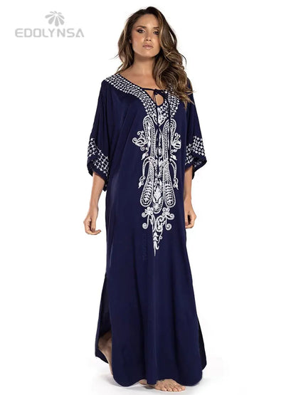 2025 Indie Folk Schnürung V-Ausschnitt Fledermausärmel Sommer Strandkleid Tunika Damen Beachwear Kaftan Maxikleid Robe Sarong Q775.