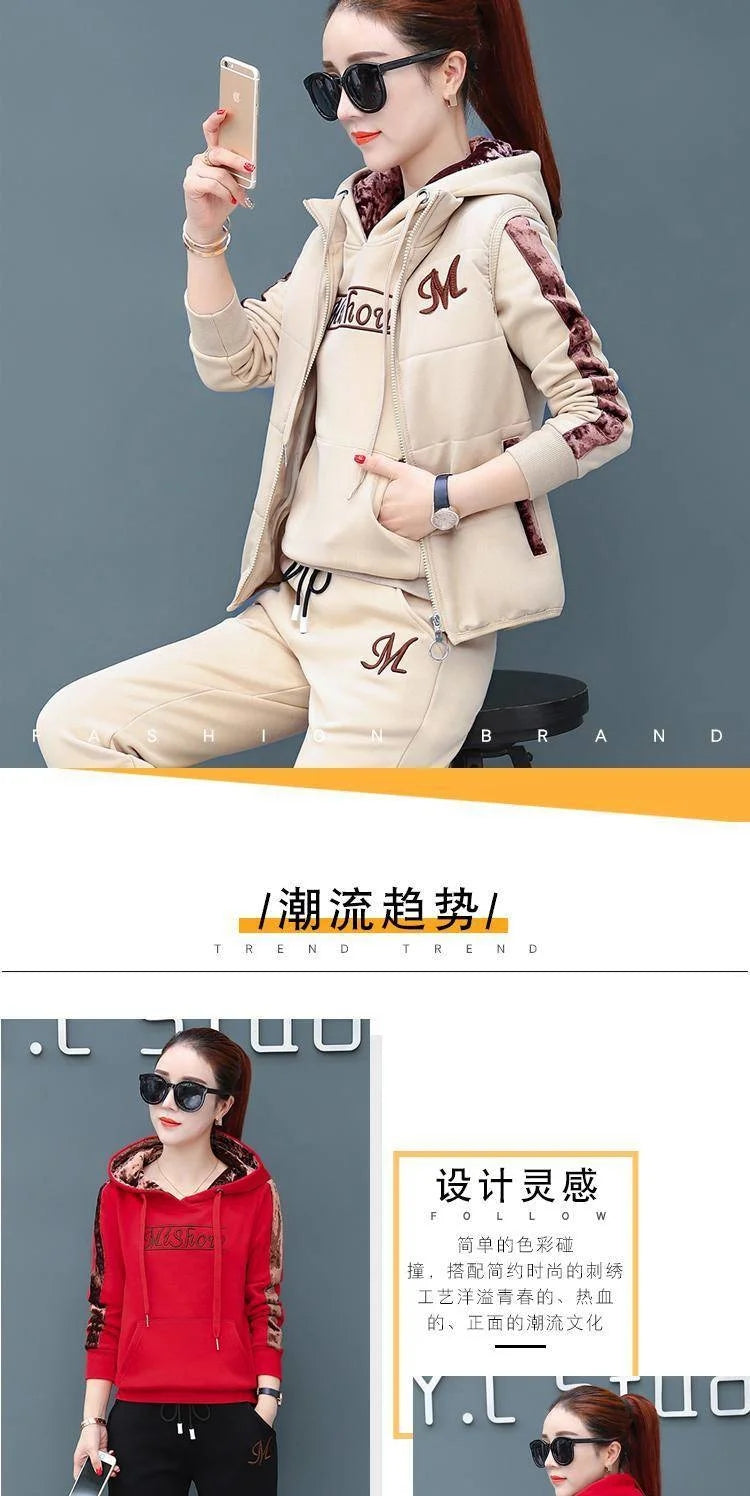 Women's Fashion Plush Thickened Sweat Suit 2025 Autumn Winter New Casual Hooded Tops Waistcoat Pants 3 Three Piece Set For Women.
