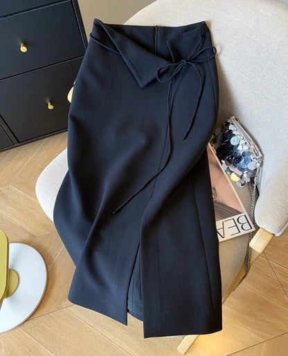 Elegant Slit Midi Skirt Women Fashion Black Bandage Split Suit Skirts  Office Ladies Korean Casual A Line Streetwear Skirt New.