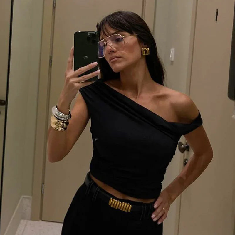 BOOFEENAA Asymmetrical One Shoulder Crop Tops Black Blue Sexy T Shirts for Woman Summer 2025 C95-BA13.