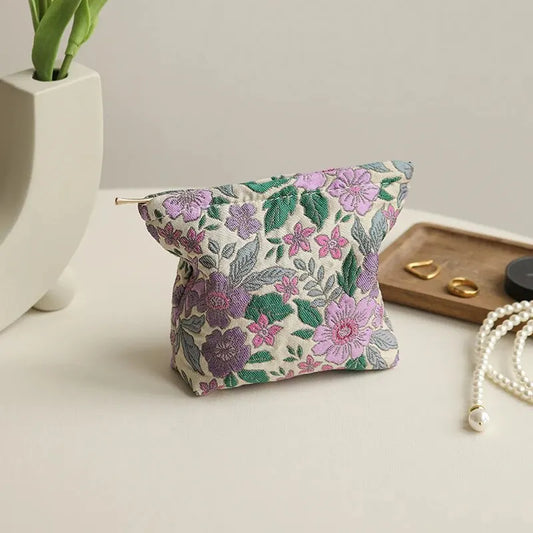 Women's Makeup Bag Small Vintage Purple Flower Large Capacity Cosmetic Lipstick Storage Bag Portable Coin Purse Commuter Clutch.