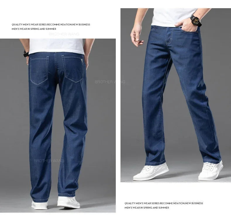 Summer Ultra Thin Men's Loose Jeans Lyocell Ice Silk Fashion Casual Business Denim Pants Straight Stretch Male Trousers.
