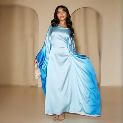 Gradient Batwing Butterfly Sleeve Satin Abaya Dubai Luxury Muslim Kaftan Dress For Women Kebaya Caftan Marocain Femme Vestidos.