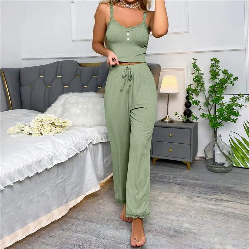 Zweiteiliges Pyjama-Set für Frühling und Sommer für Damen, Nachtwäsche, Spitzen-Hosenträger, Oberteile und lange Hosen, Pijamas, Loungewear.