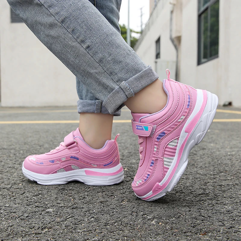 Girls Sport Shoes Waterproof Running Kids Sneakers Casual Leather Pink Breathable Fashion Antislip Lightweight Children Shoes.