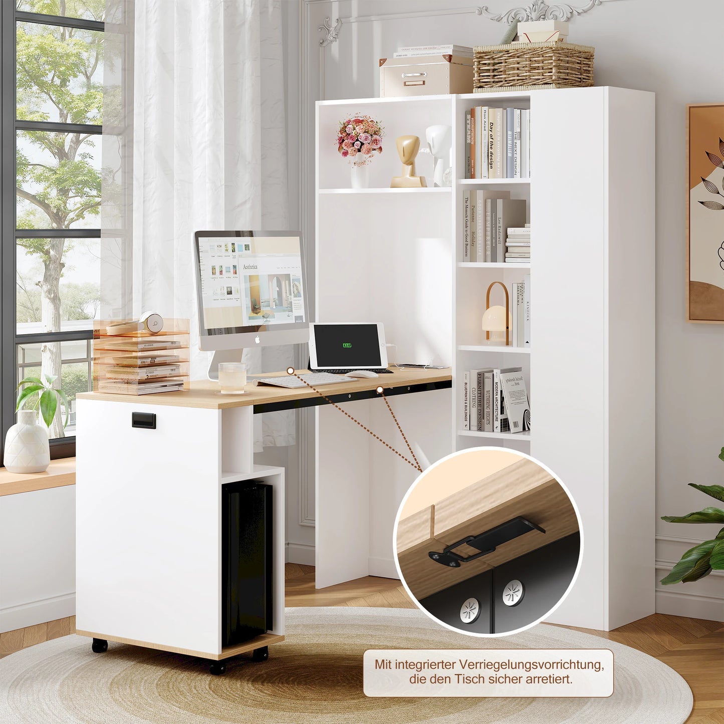 Klappbarer Schreibtisch mit Regalen – 2-in-1-Bücherregal und Schreibtisch, klappbar, mit Steckdose und USB-Anschluss, höhenverstellbare Regale