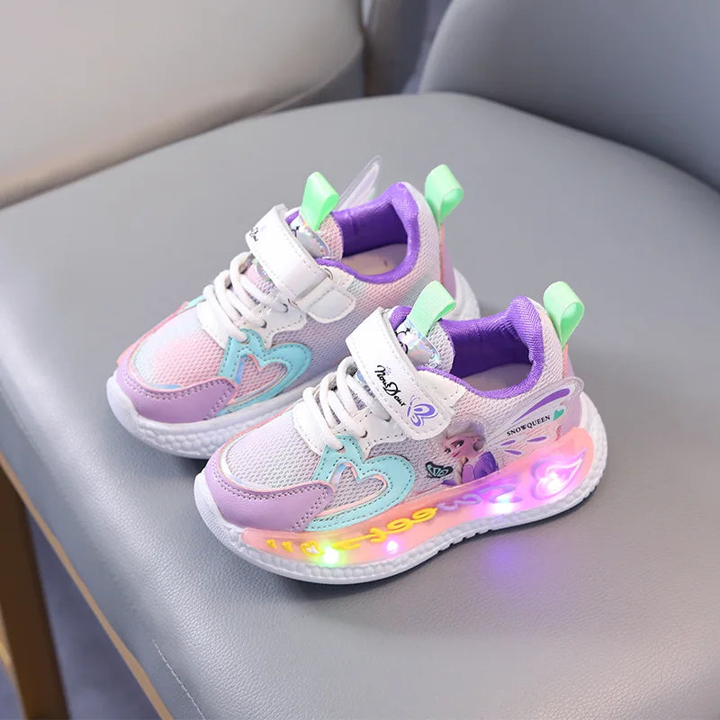 Disney Children Led Shoes Kids Girls Sneakers Frozen Elsa Princess Lighting Shoes Pink Purple Casual Sports Shoes Size 21-31.