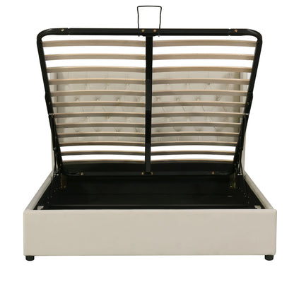 Polsterbett hydraulische 140x200cm, Doppelbett mit Lattenrost, Stauraum, Ohrenform, Knopfnähte, Samtstoff, beige, ohne Matratze