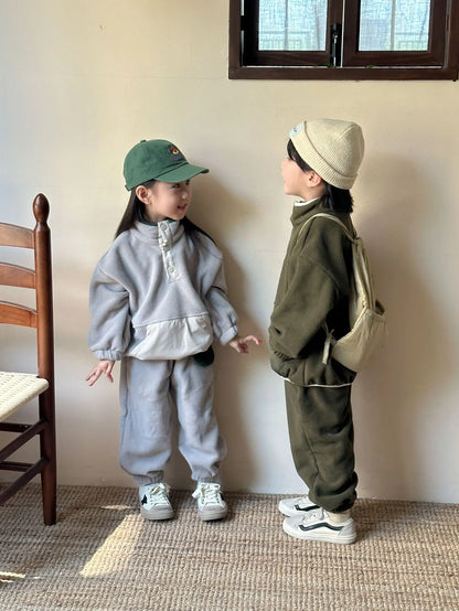 2025 Winter New Children Polar Fleece Sweatshirt Set Boys Girls Plus Velvet Thick Warm 2pcs Suit Kids Casual Sports Outfits