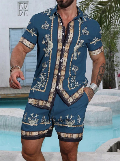 A Comfortable Summer Men's Suit Featuring Short-sleeved Shirts And Loose Shorts, A Two-piece Outdoor Fashion Set.